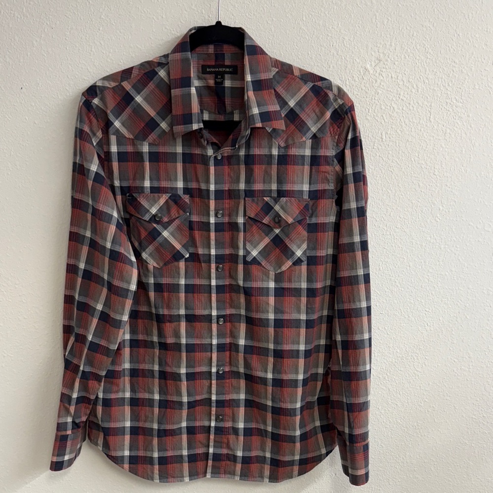Banana Republic Red and Blue and gray Plaid Button-Down Shirt gray snap front
